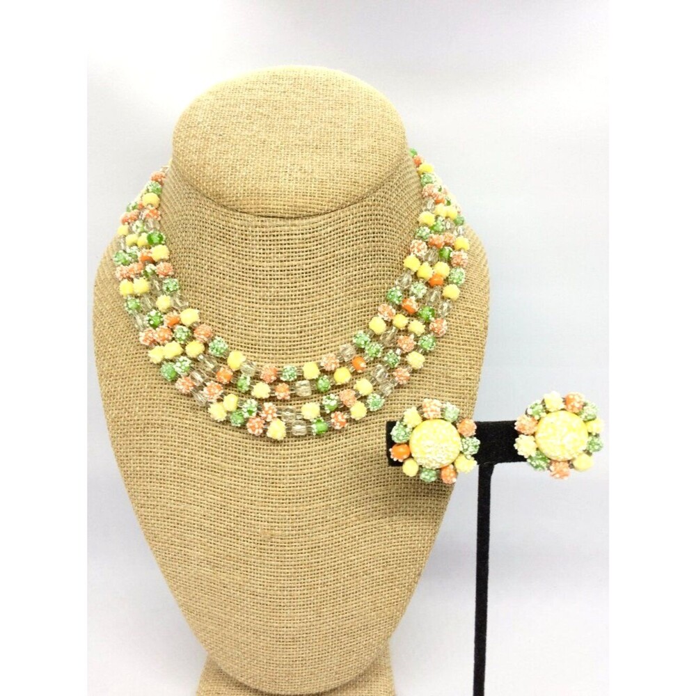 Vintage Sugar Bead Necklace Glass Fruit Salad Clip Earrings Japan Set Signed